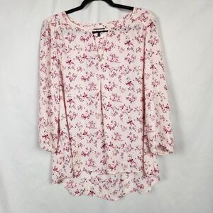 Kaari Blue Multi Pink Floral 3/4‎ Sleeve Vneck Blouse Hi Lo Size Medium